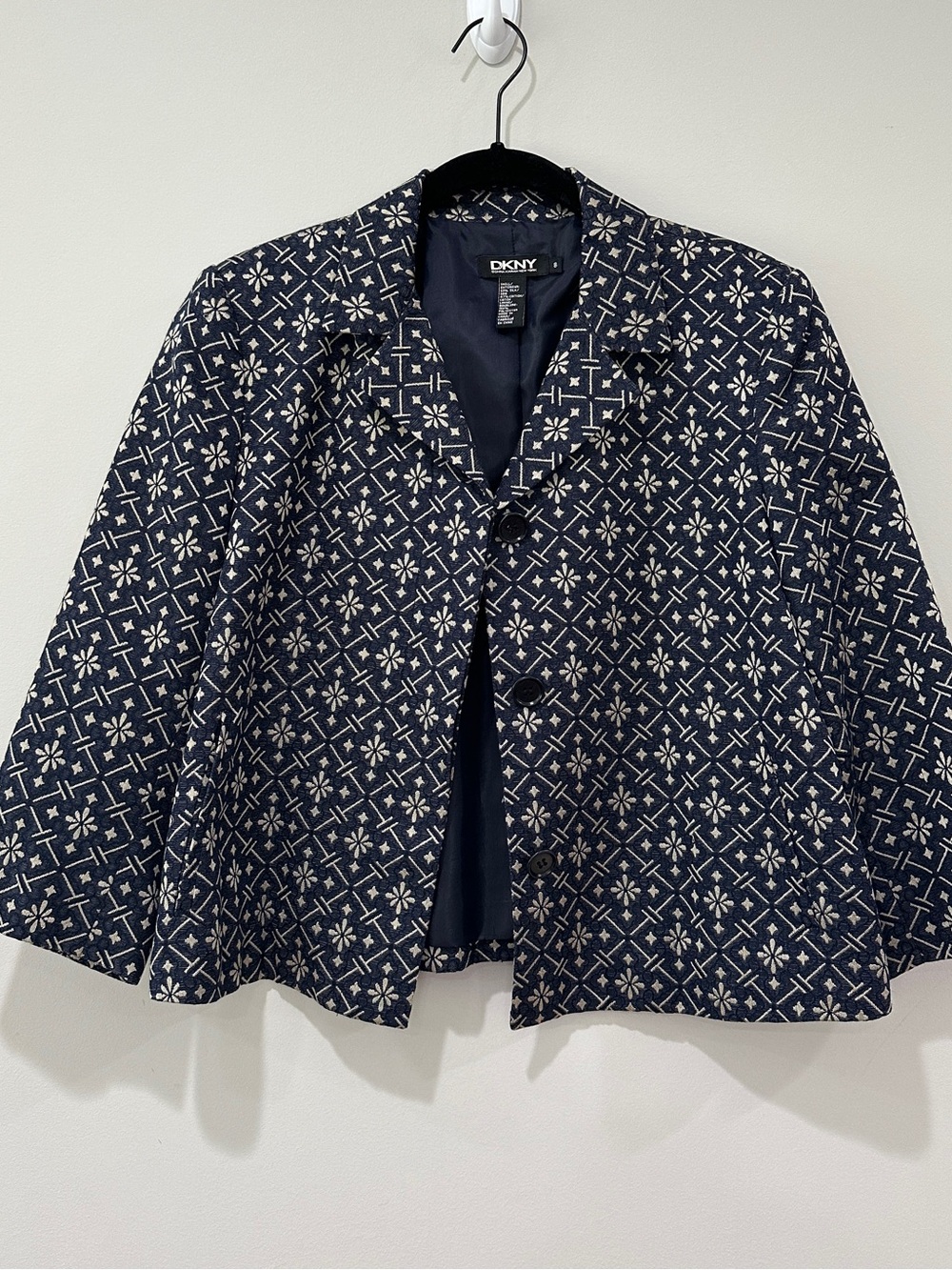 DKNY Vintage Navy White Silk Cotton Geometric Cropped Blazer 8 - Picture 3 of 14